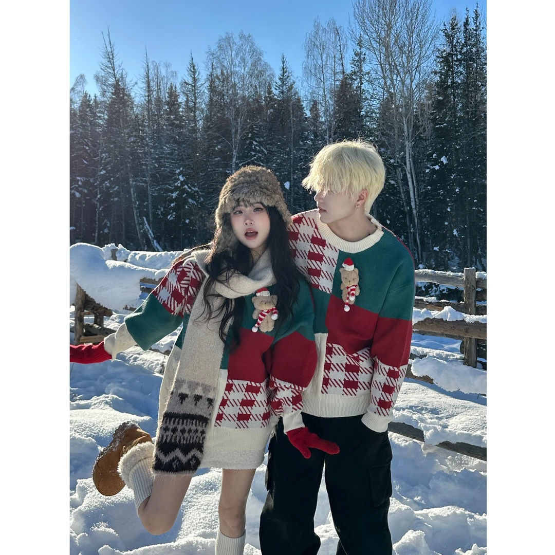 情侣装2024新款冬季美式复古圣诞ins潮宽松毛衣慵懒风圆领针织衫