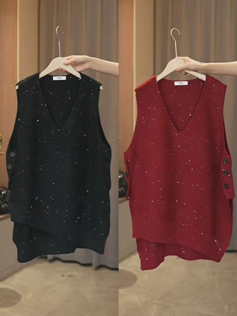 YB2326冬季新款时尚百搭V领亮片马甲