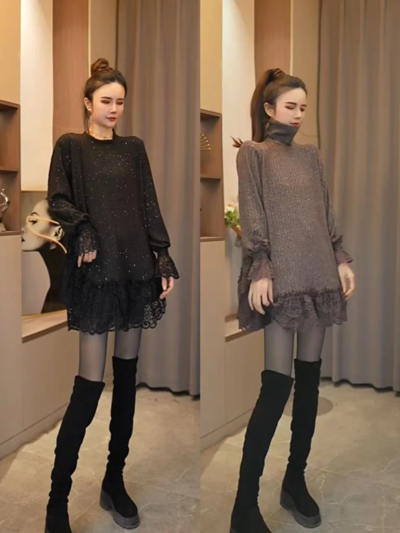 HH1975+1977【鑫良】新款时尚百搭圆领坑条蕾丝打底衫