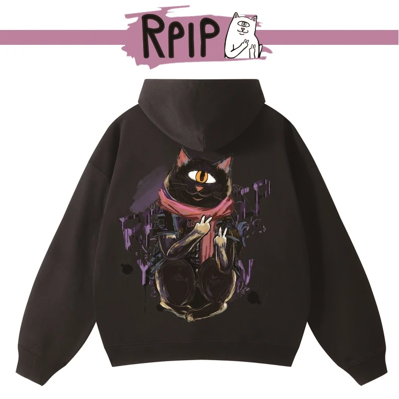 RPIP秋冬连帽卫衣男士印花贱猫加绒重磅情侣装卡通宽松百搭美式