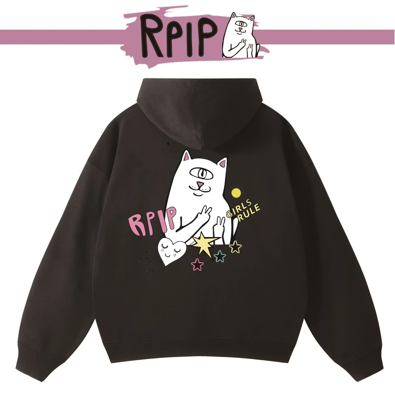 RPIP秋冬加绒连帽卫衣男士个性美式贱猫情侣休闲ins时尚氛围感潮