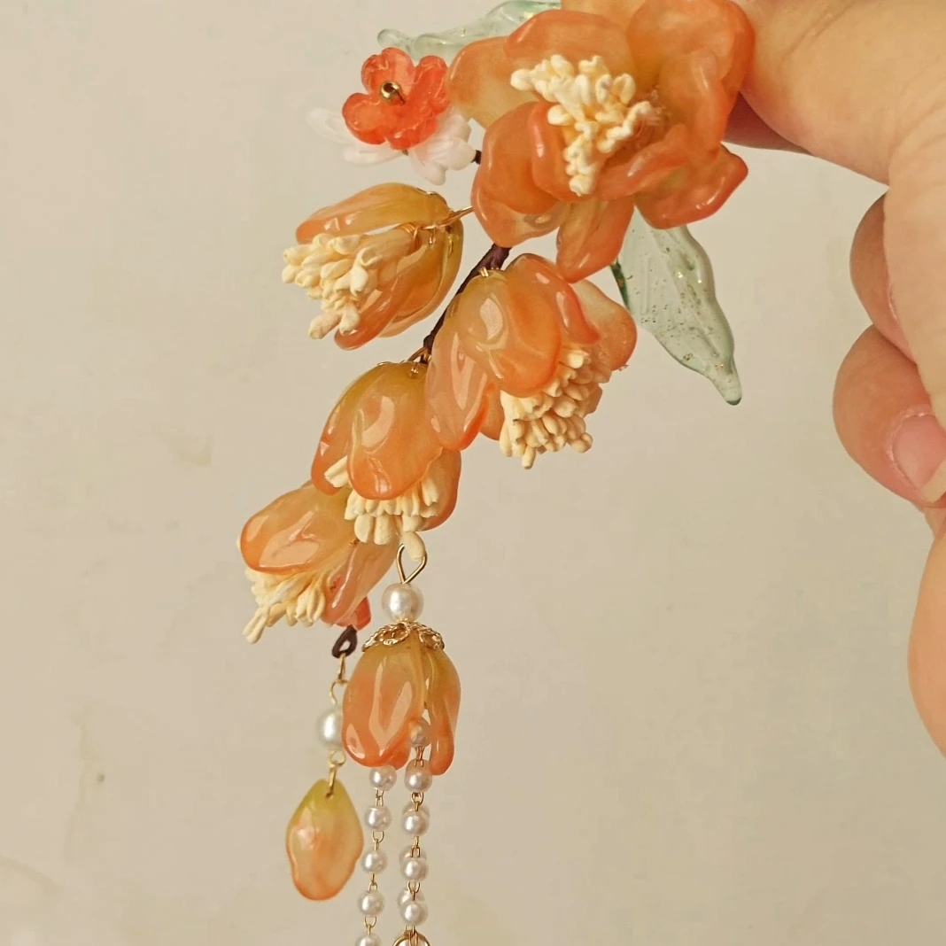 流苏可拆卸古风发夹花朵步摇新款古代粉色琉璃花侧边夹超仙步摇