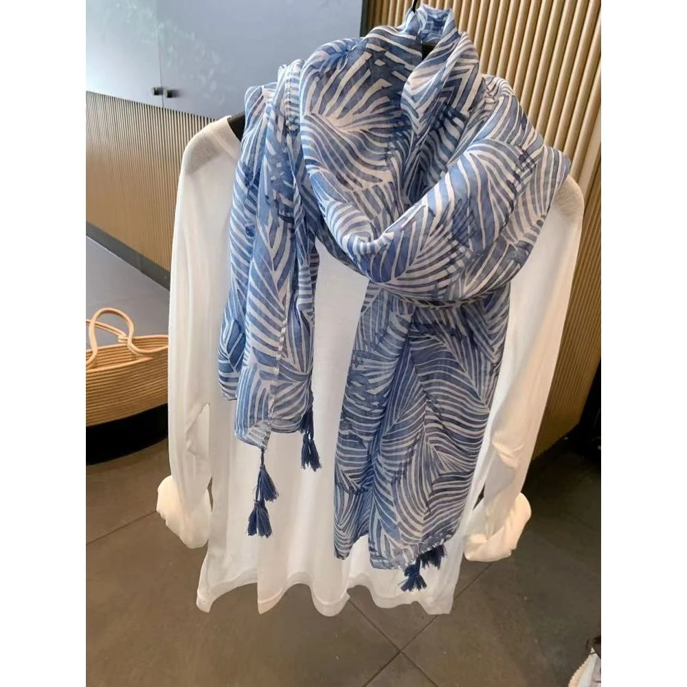 民族风丝巾女夏季韩版薄纱巾遮阳棉麻围巾蓝色海边沙漠防晒披肩