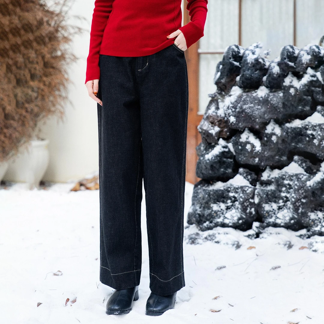 梭家｜雨停在昨天｜简约通勤牛仔黑棉显瘦宽松直筒裤秋冬女休闲裤