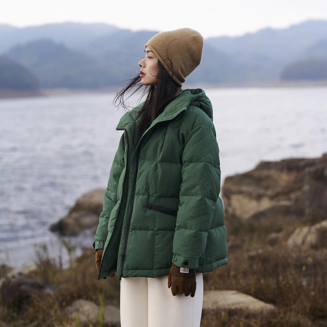 梭家｜大地与植物｜匈牙利进口95白鹅绒连帽绿色羽绒服汉麻棉外套