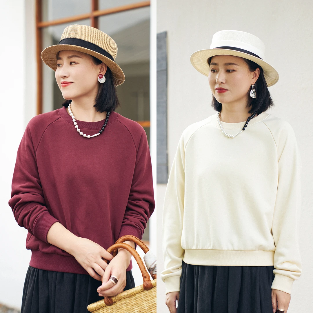 梭家｜水晶和石岩｜ 简约通勤精梳棉两色套头卫衣秋季女休闲外套