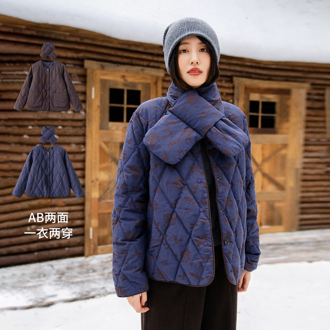 梭家｜几树山花｜匈牙利进口95白鹅绒两面穿提花亚麻棉短款羽绒服