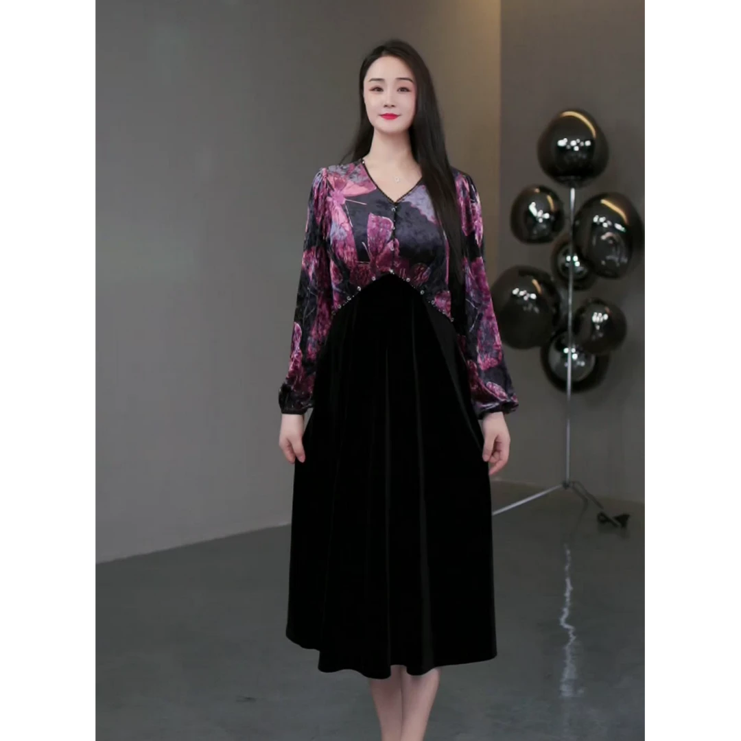 莉莉定制轻奢女装冬季新款贵气百搭气质显瘦丝绒花色连衣裙241501