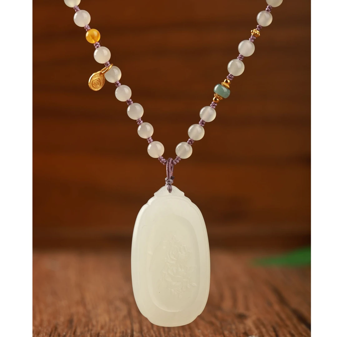 润瑶 | 和田玉花开富贵雕刻吊坠24.7*43.4*7.4-六六直播专属