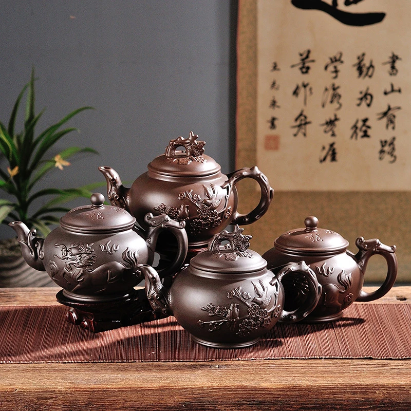 一壶带4杯大容量紫砂茶壶泡茶壶龙马梅花紫砂壶家用宜兴朱泥茶具