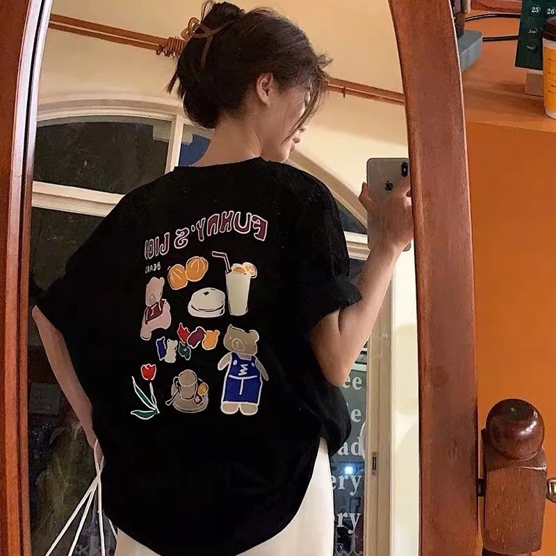 纯棉短袖T恤女夏季新款ins潮宽松oversize慵懒风美式正肩学生上衣