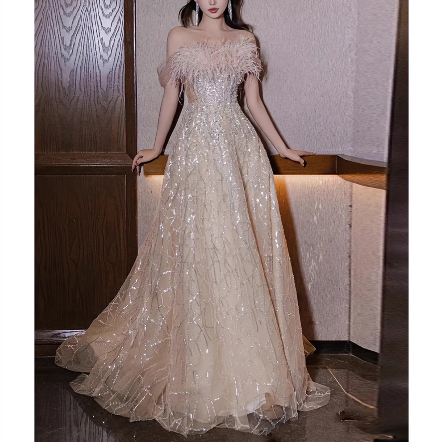 2024新款新娘订婚敬酒服法式一字肩晚礼服女成人礼艺考毕业连衣裙