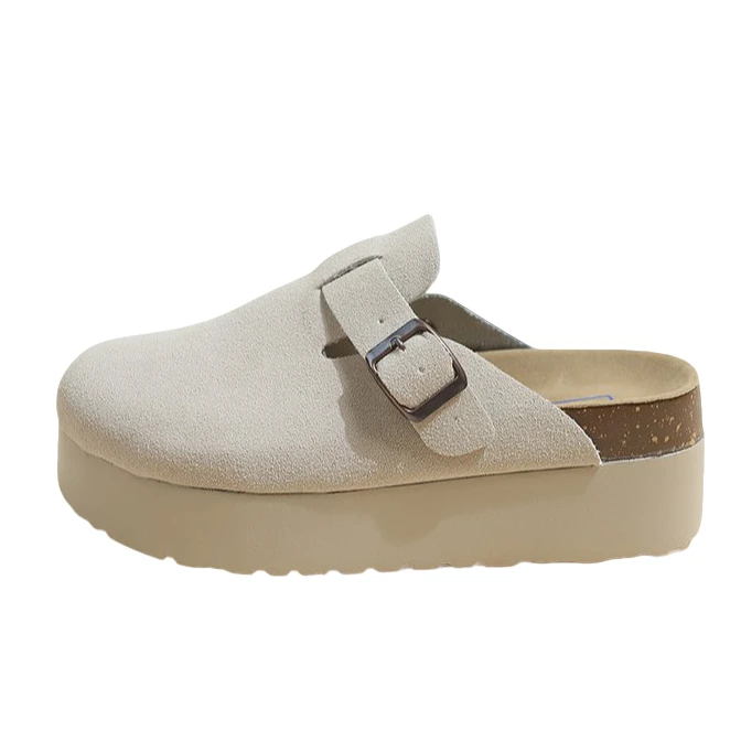 真皮勃肯女鞋休闲新款拖鞋软木底平底钓鱼包头半拖厚底软底博肯鞋