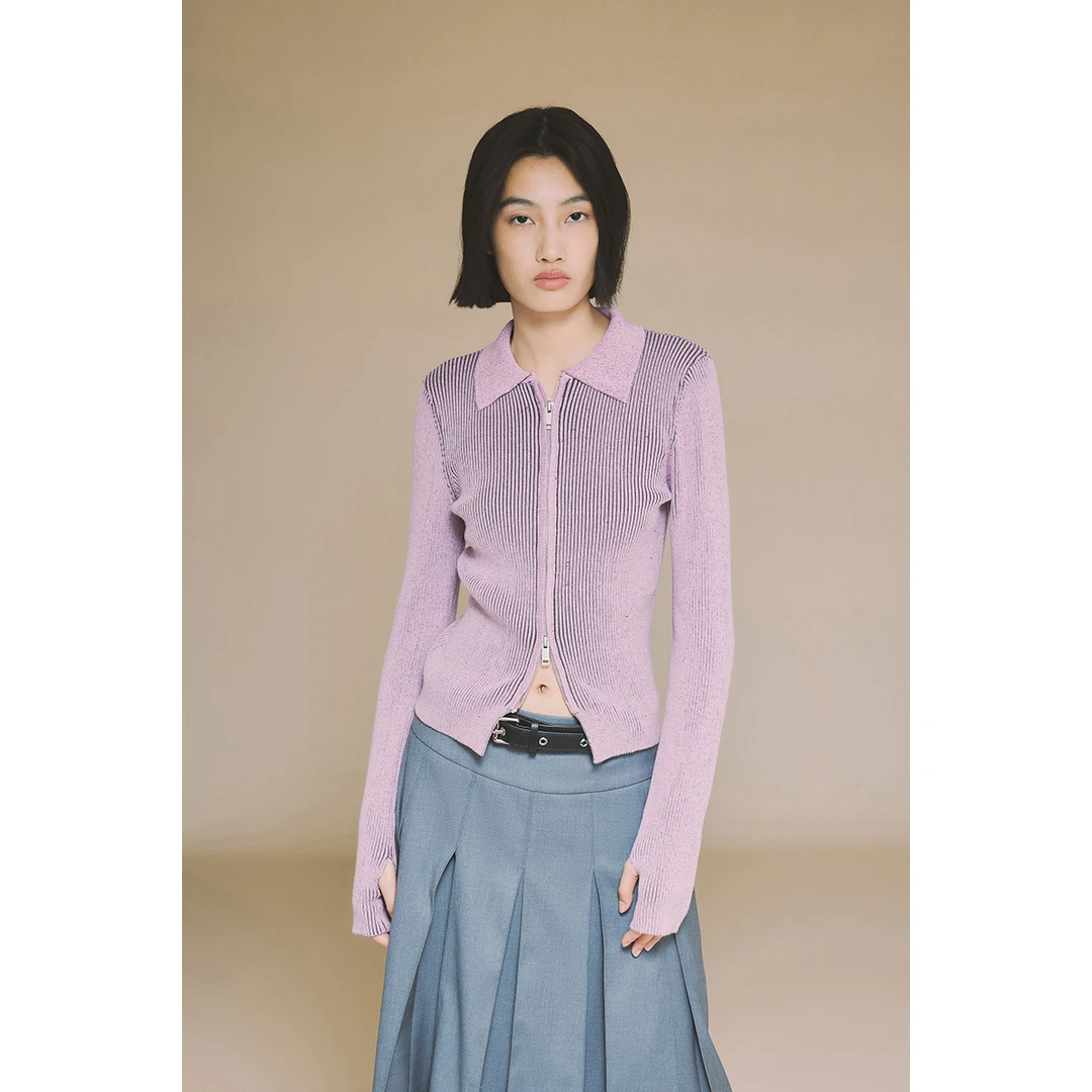 【直播专享】双拉链长袖上衣女秋季宽松简约POLO领毛针织衫外套