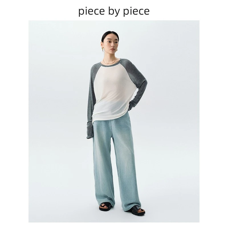 piece by piece复古浅蓝宽松直筒牛仔裤女春夏休闲垂感高腰阔腿裤