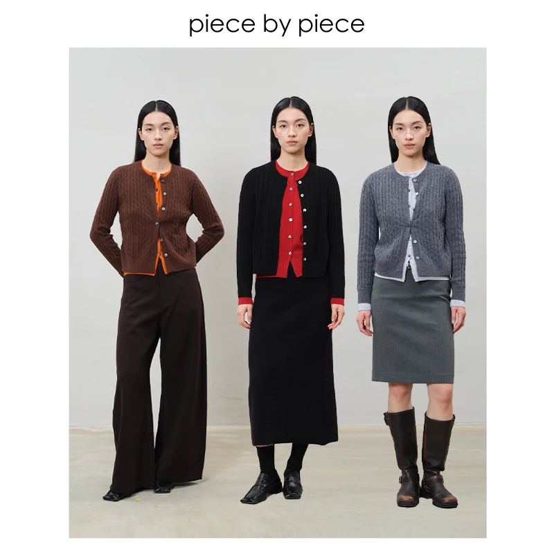 piece by piece 100%羊毛材质 纱线针织细密假两件麻花开衫