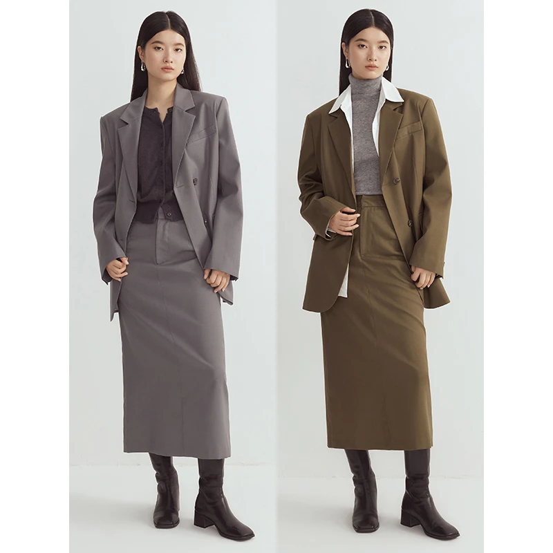 piece by piece 秋季羊毛混纺宽松挺括宽肩西服H型西装半裙套装女