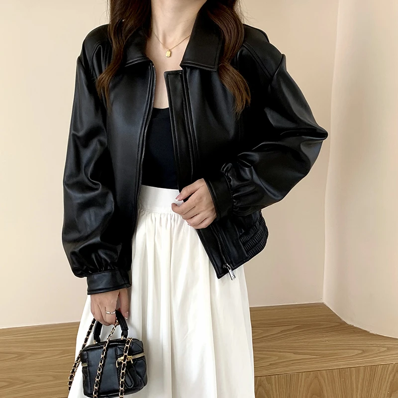 2024海宁女士真皮皮衣简约百搭休闲修身春秋款时尚黑色皮夹克ins