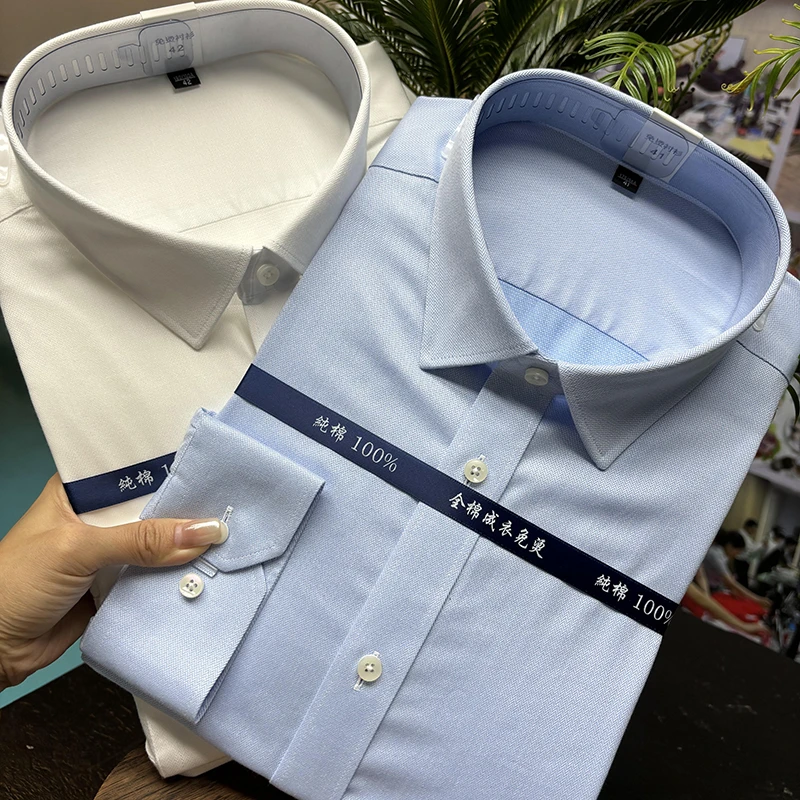 全棉人字纹百棉衬衫长袖短袖男士商务休闲男士上衣衬衫套装宽松
