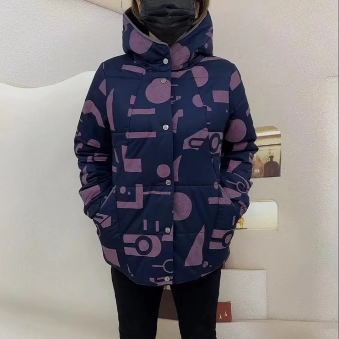 拼色图案连帽时尚棉服