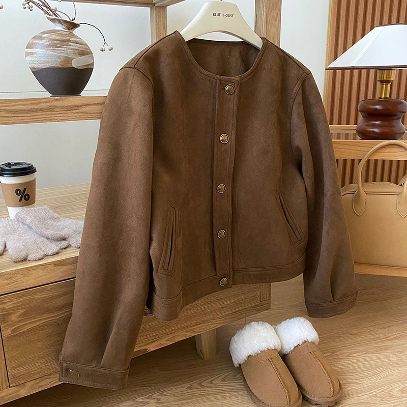 美拉德穿搭橘咖色麂皮绒短款外套女秋美式复古宽松小个子夹克上衣