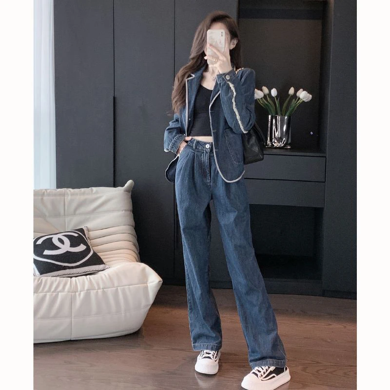 时尚牛仔套装女2023春秋新款休闲洋气小个子收腰显瘦阔腿裤两件套