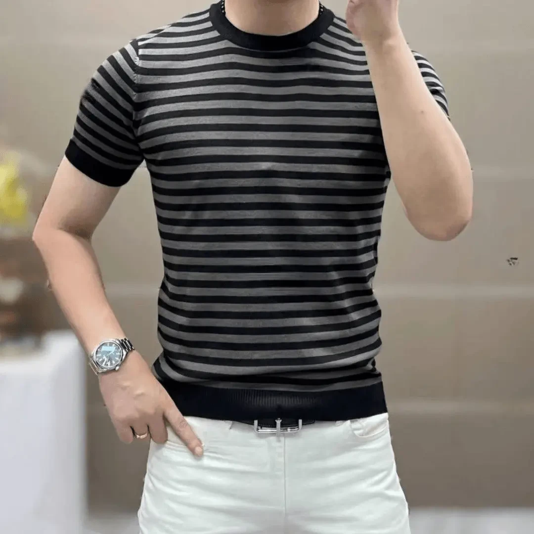 2025夏季男士高端时尚条纹圆领潮牌短袖体恤修身帅气百搭男装T恤