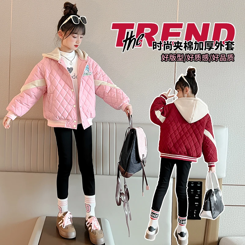 新款秋冬女童夹棉加厚连帽棒球服外套童装中大童儿童洋气保暖外套