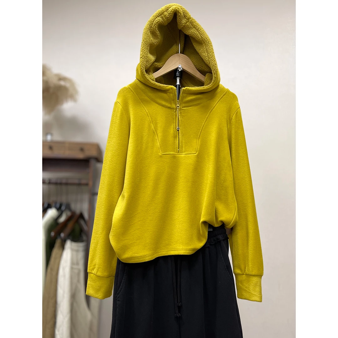 新款时尚帽子加绒卫衣秋冬新款纯色宽松简约连帽打底T恤上衣