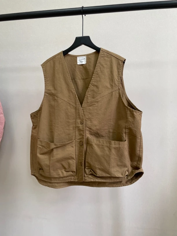 新品洗水棉工装马夹无袖外套女新品秋季纯棉宽松马甲开衫秋冬上衣