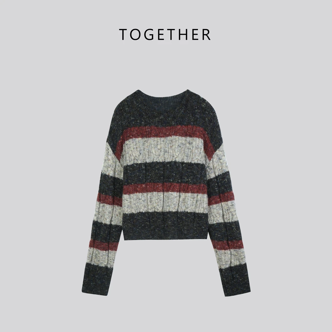 【Together】· 橘安 · 秋冬撞色氛围感圆领宽松针织毛衣#W1596