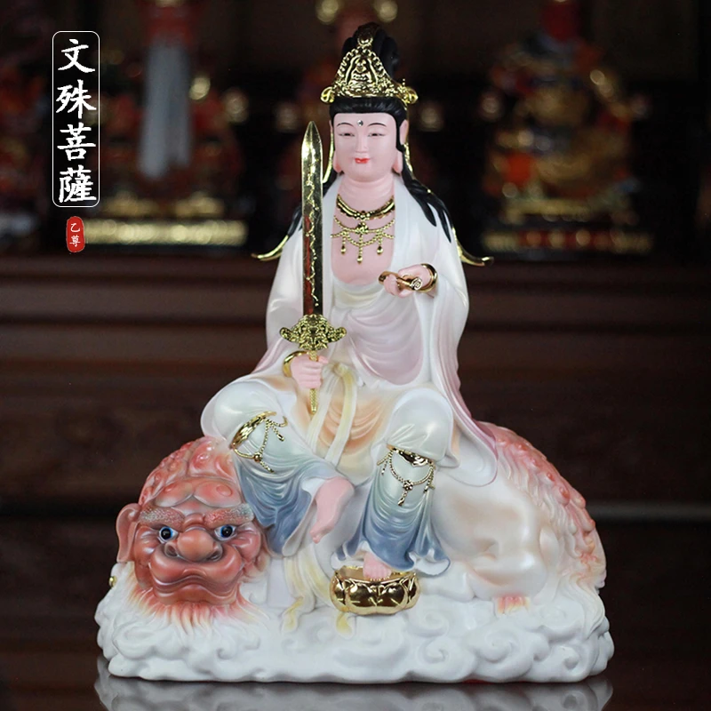 汉白玉仿陶瓷工艺文殊普贤家用华严三圣手工彩绘