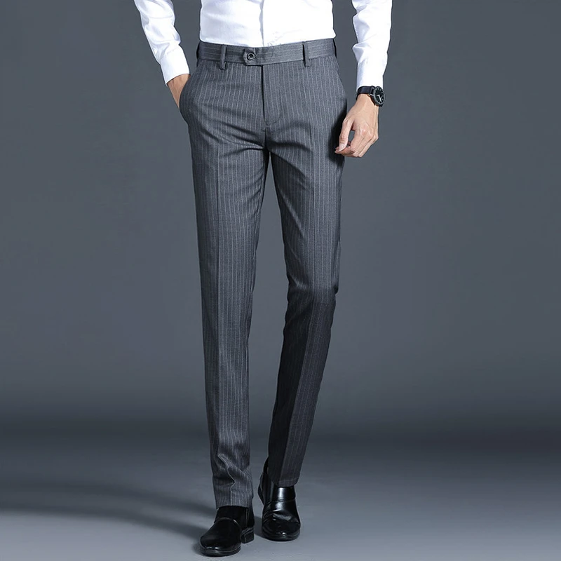 大牌高端条纹西裤男春夏季薄款垂感男款休闲裤正装男士小脚长裤子