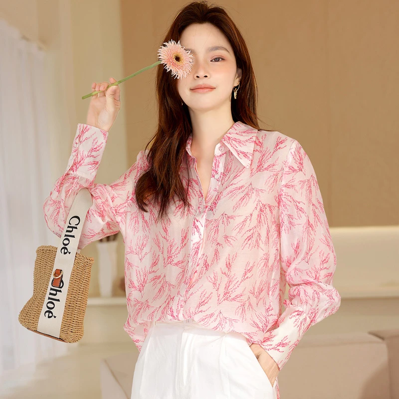 2025新款秋装独特漂亮小衫洋气印花天丝衬衫上衣女款外穿长袖宽松