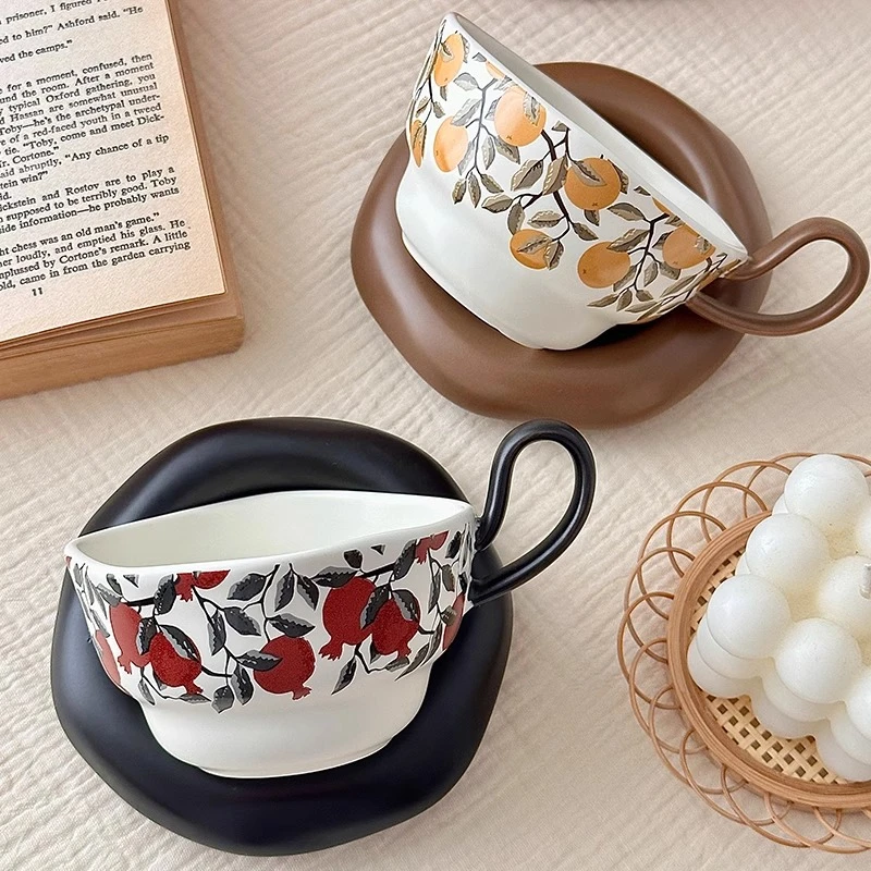 2025新款中古风石榴花咖啡杯碟下午茶早餐牛奶杯乔迁送礼杯碟摆件