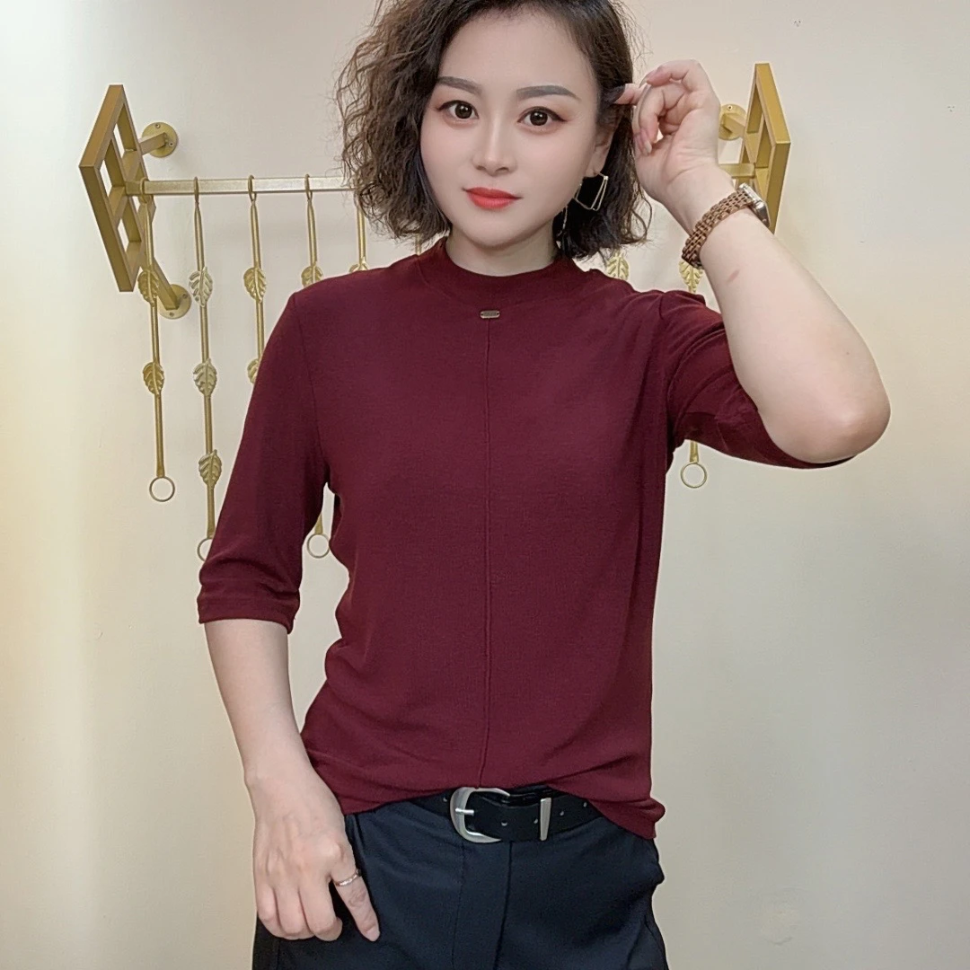 早秋时尚洋气2024款纯色百搭圆领中袖百搭显瘦小衫