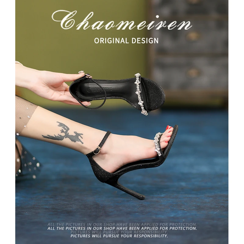 sw黑色一字带凉鞋绝美2025年新款夏季网红高跟鞋法式女鞋细跟水钻