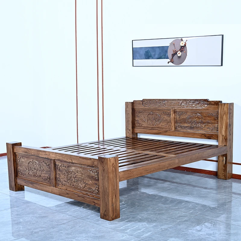 北方老榆木实木床单人双人床现代简约经济型大床韩式框架结构