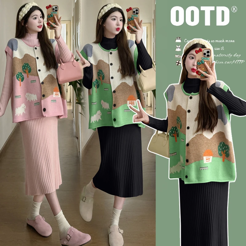 2024秋冬孕妇装复古宽松减龄针织毛衣马甲卡通图案外穿洋气宽松衣