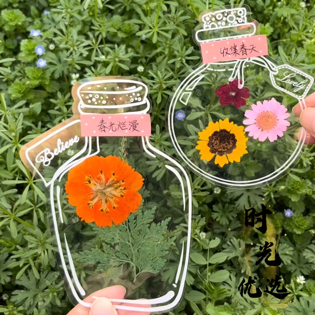 瓶子里的秋天手工DIY透明贴纸玻璃瓶创意干花书签收集树叶标本