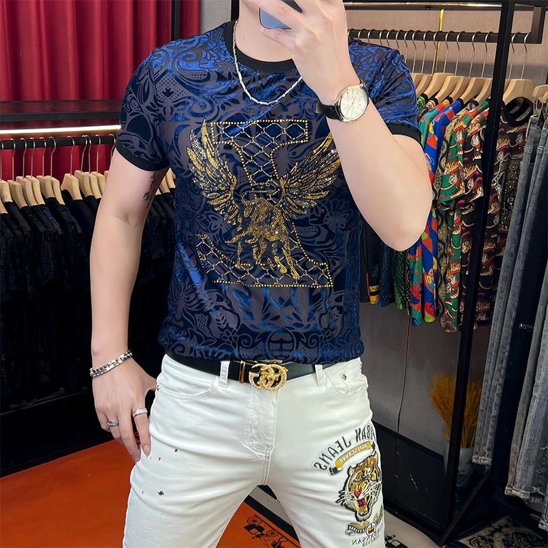 欧货男士修身短袖T恤潮流时尚烫钻飞牛冰丝圆领男t上衣薄款透气