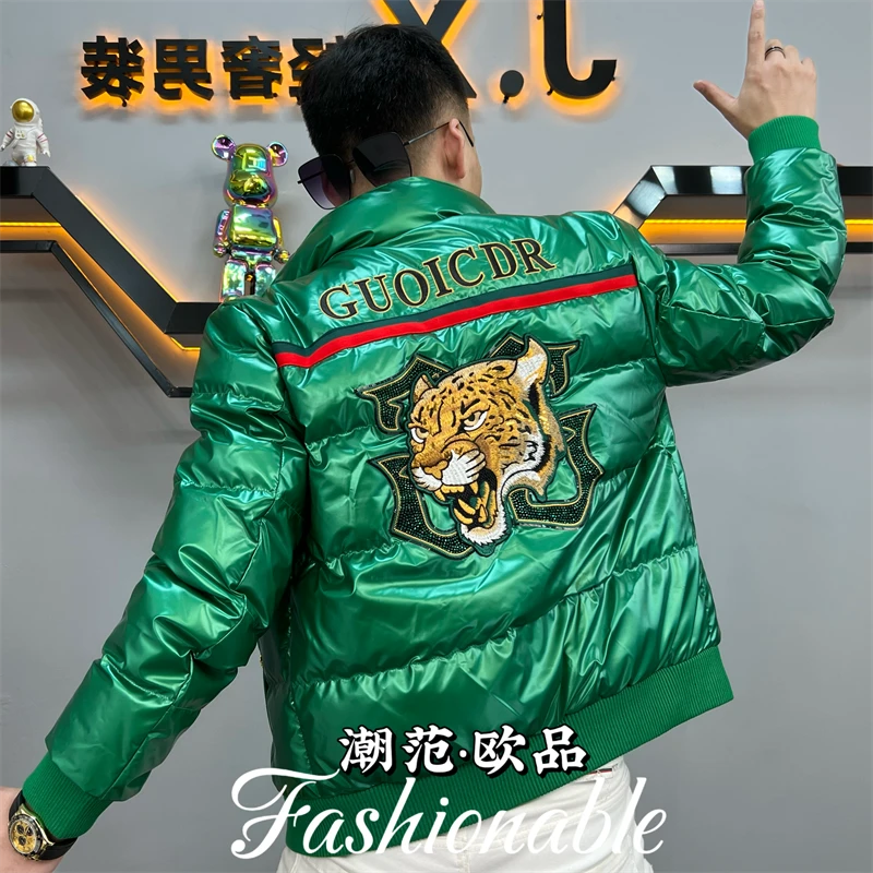 男士冬季高级感羽绒服欧货潮牌重工刺绣老虎烫钻男士羽绒外套厚款