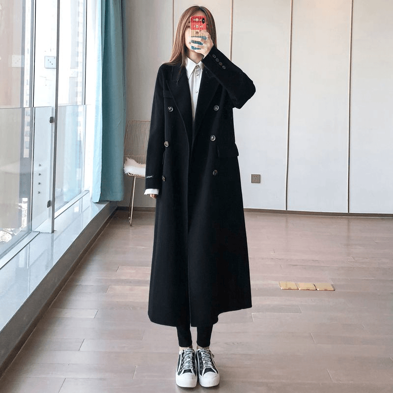 2023秋冬加绒加厚毛呢外套女长款过膝韩版赫本高个子西装呢子大衣