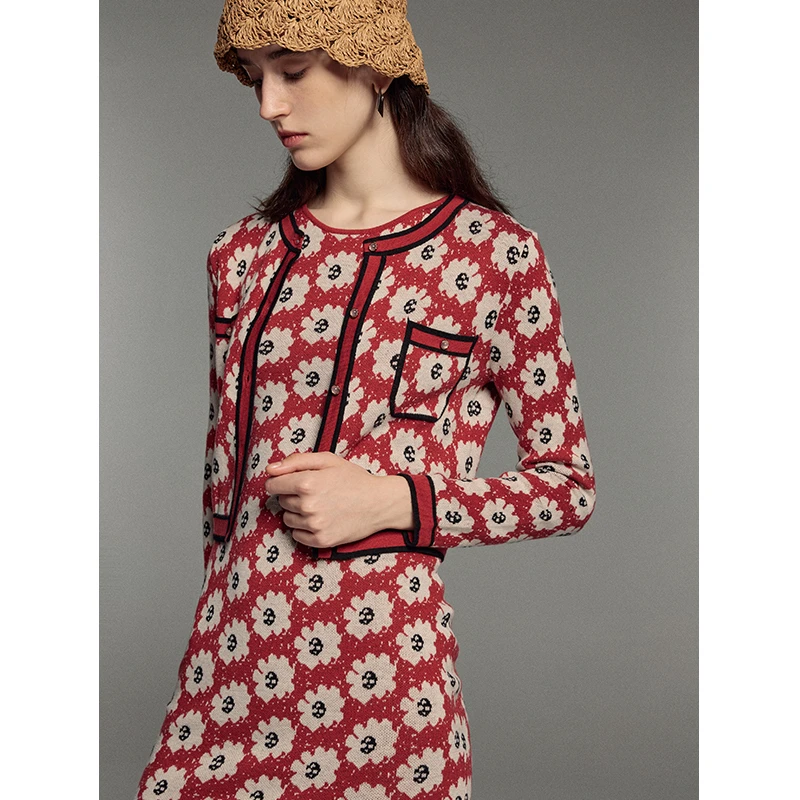 Mix Selection｜朵菲NO.2 红色提花针织外套新款撞色百搭MSCIW0775