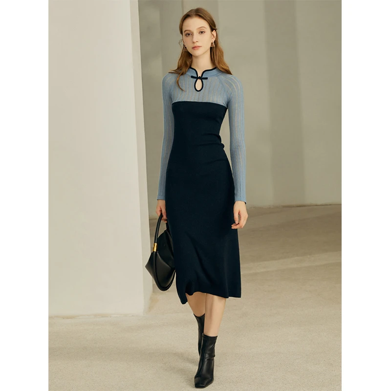 Mix Selection| 暗夜蓝黛 法式轻奢改良长袖国风连衣裙MSDHQ0593