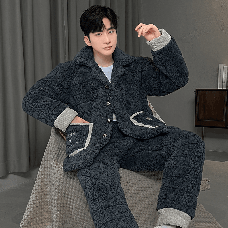 睡衣男冬季加厚加绒三层夹棉保暖珊瑚绒秋冬款男士家居服大码套装