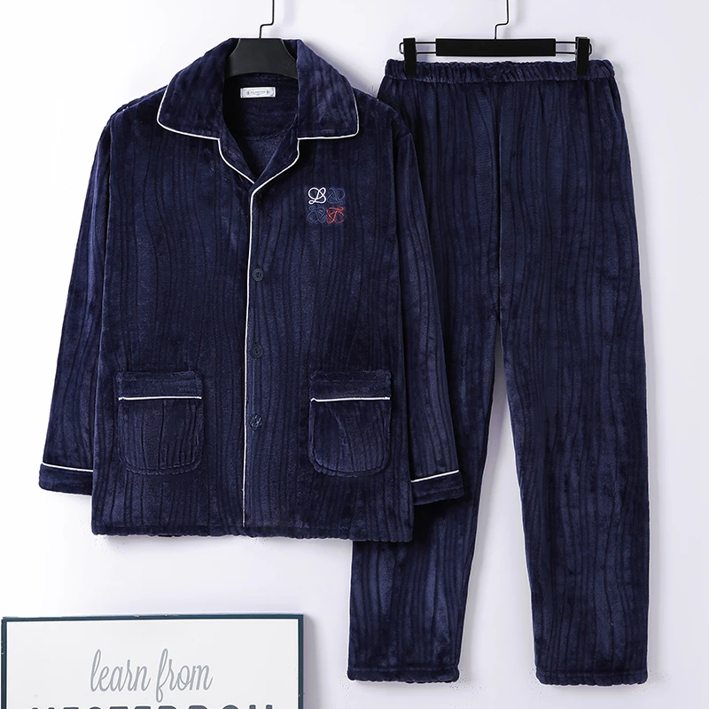 珊瑚绒睡衣男士秋冬季加厚加绒开衫保暖男长袖法兰绒青中年家居服