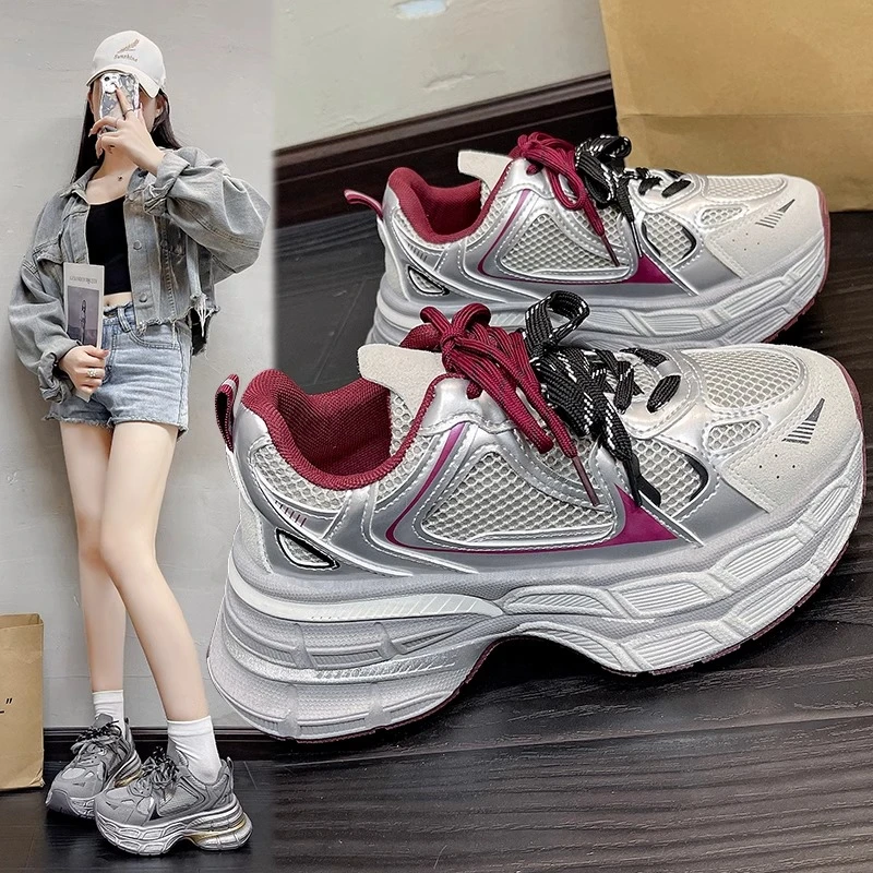 高级感双色鞋带厚底巴黎老爹鞋女2024秋款百搭轻便休闲增高运动鞋