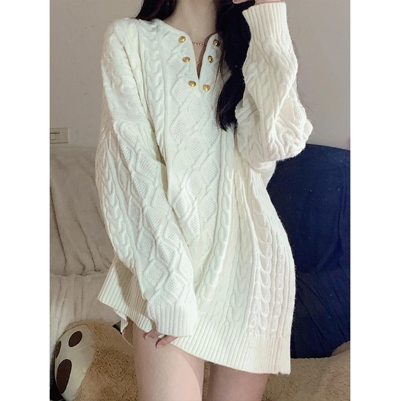 麻花毛衣宽松可外穿慵懒风2023设计感冬季中长款套头v领长袖上衣
