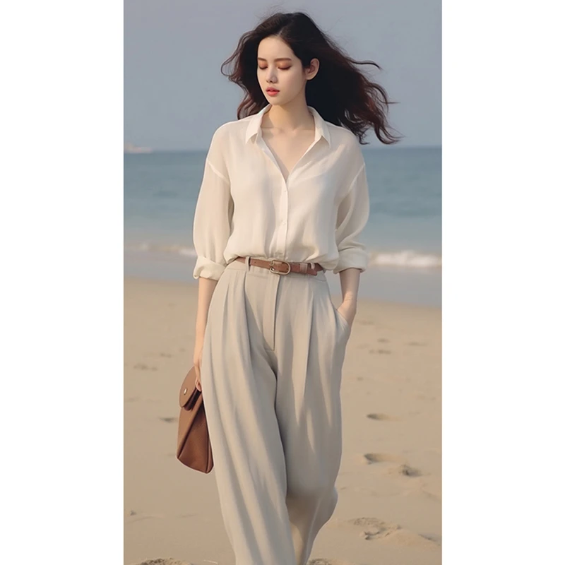 高级感精致时尚衬衫套装女2024春季新款韩系气质显瘦西装裤两件套